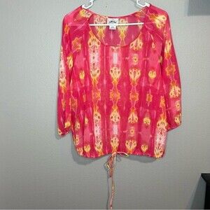Ariat pink tie dye scoop neck sheer tie front blouse women's size medium